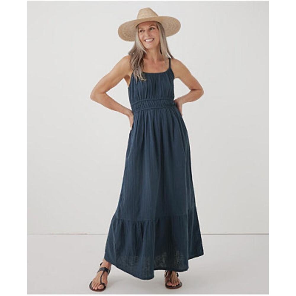 Pact Sz M Organic Cotton Coastal Double Gauze Cami Maxi Dress in French Navy